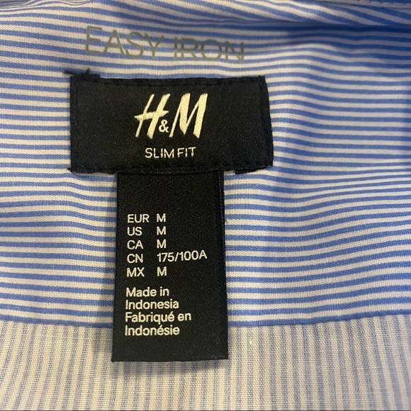 H & M Men’s Button Dress Shirt, Size M Slim Fit; Light Blue & White Pinstripe - Picture 5 of 7